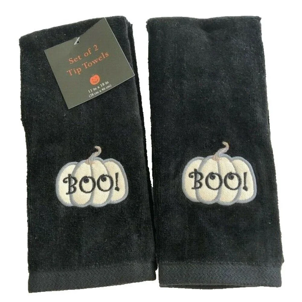 Halloween Fingertip Towels Boo Pumpkin Black Guest Applique Embroidered Set of 2